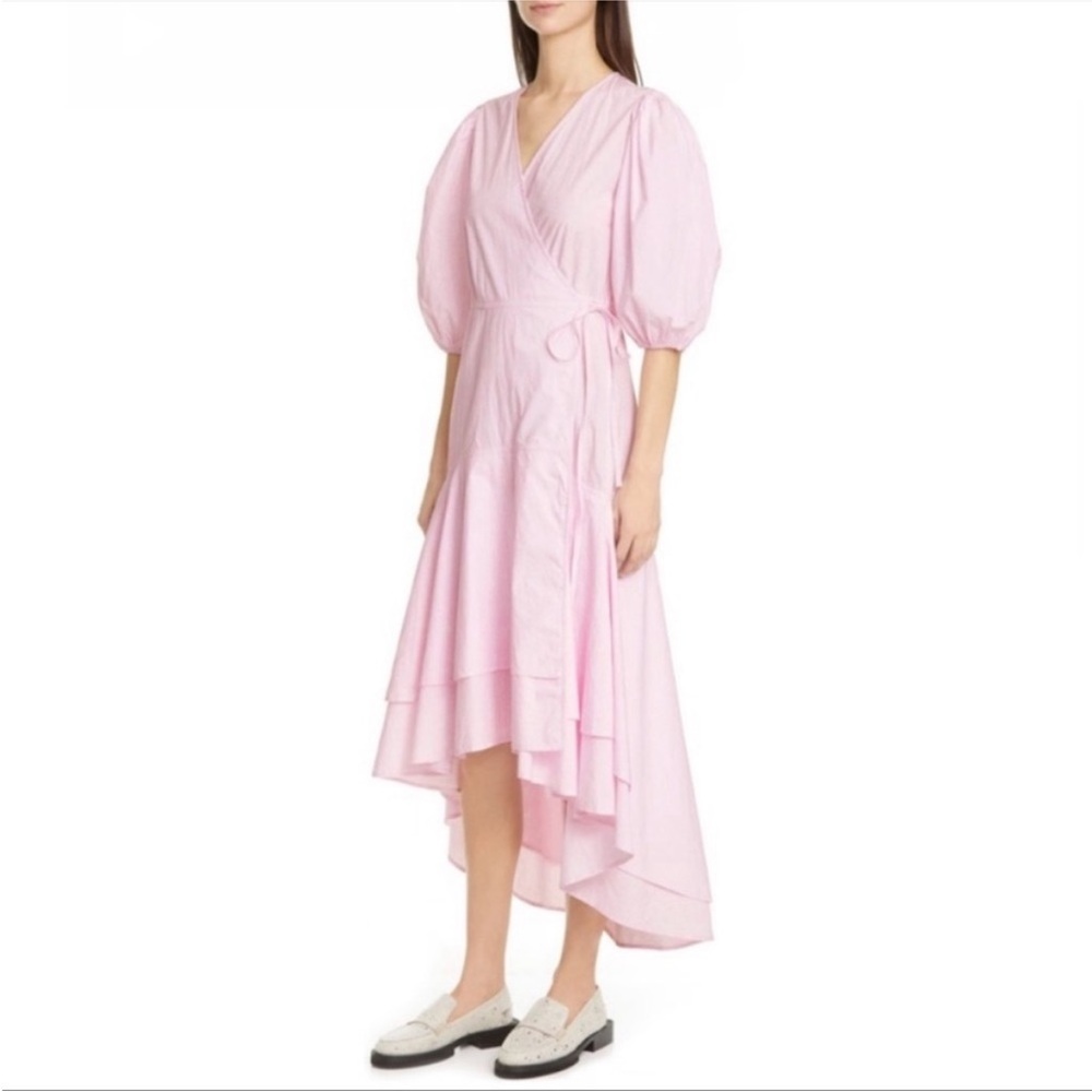 Ganni Cherry Blossom Pink Puff Sleeve Wrap Dress size 34 XS